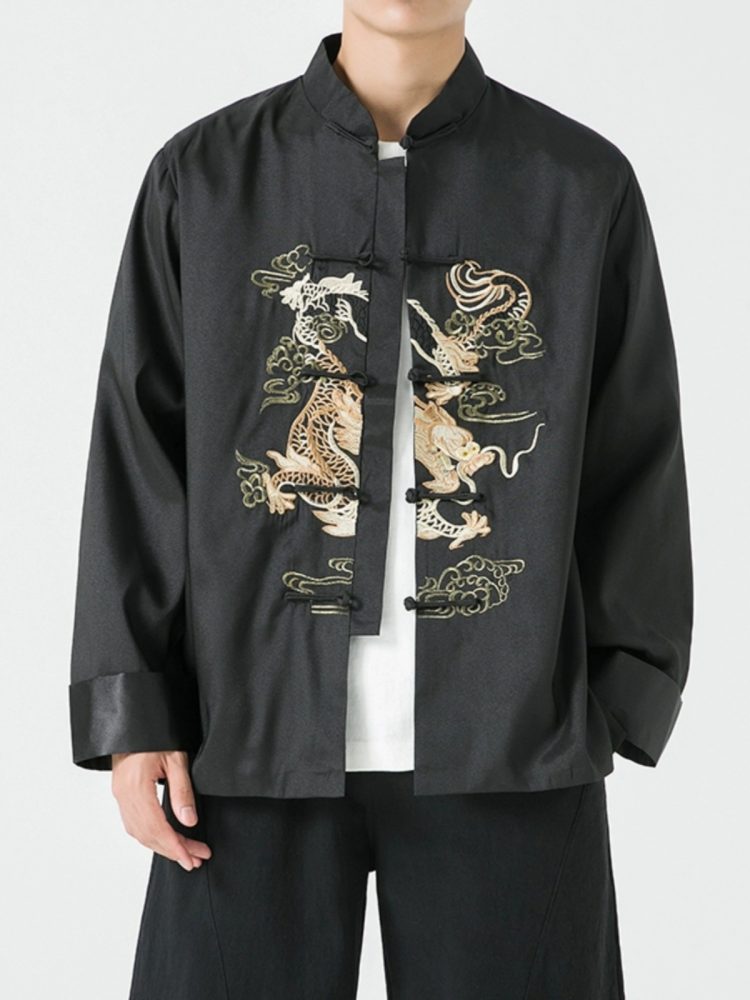 Men's Chinese Style Tang Suit Jacket – Embroidered Crane Zhongshan Coat with Frog Buttons, Vintage Ethnic-Inspired Plus Size Outerwear