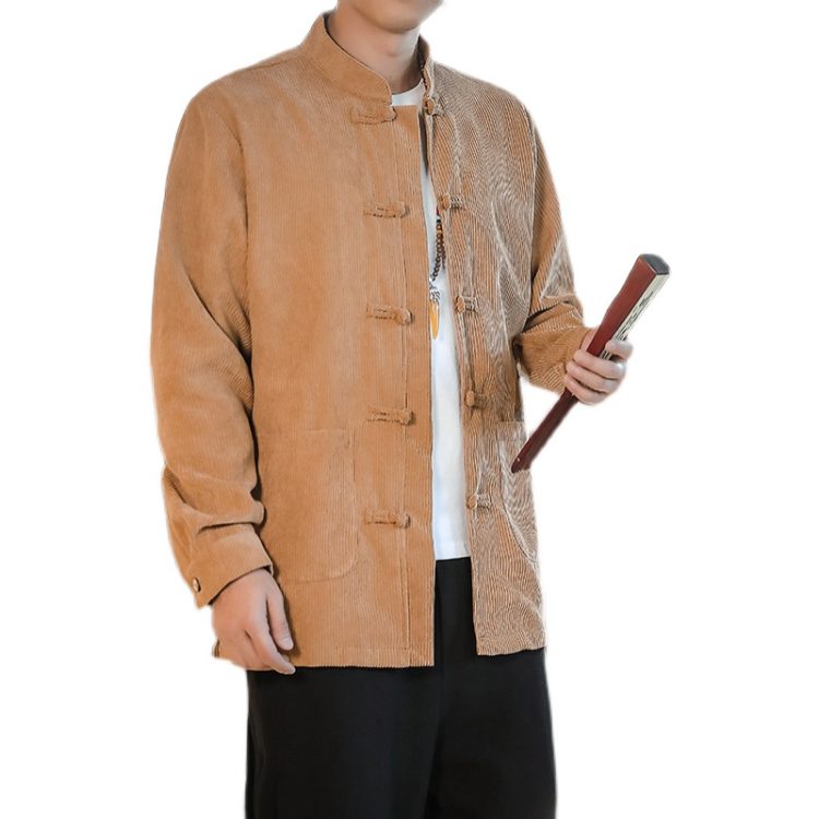 Men's Chinese Style Corduroy Long Sleeve Shirt – Spring/Autumn Vintage Tang Suit with Frog Buttons, Loose Fit Plus Size Jacket