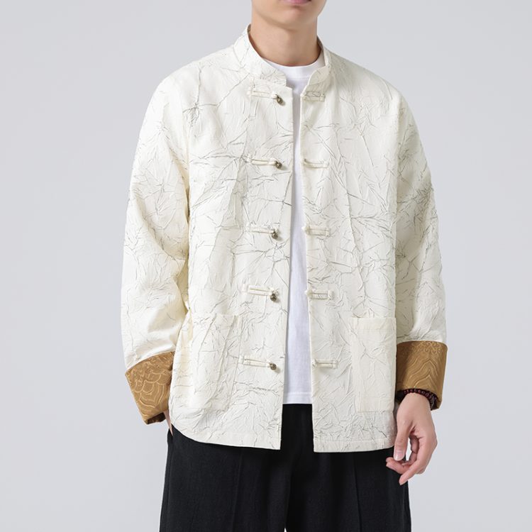Men's Modern Hanfu Chinese Style Spring/Autumn Jacquard Long Sleeve Jacket – Loose Fit Tang Suit with Frog Buttons