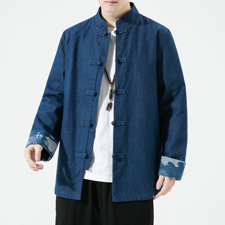 Vintage Denim Chinese-Style Jacket, Long-Sleeve Frog Button Tang Suit Top
